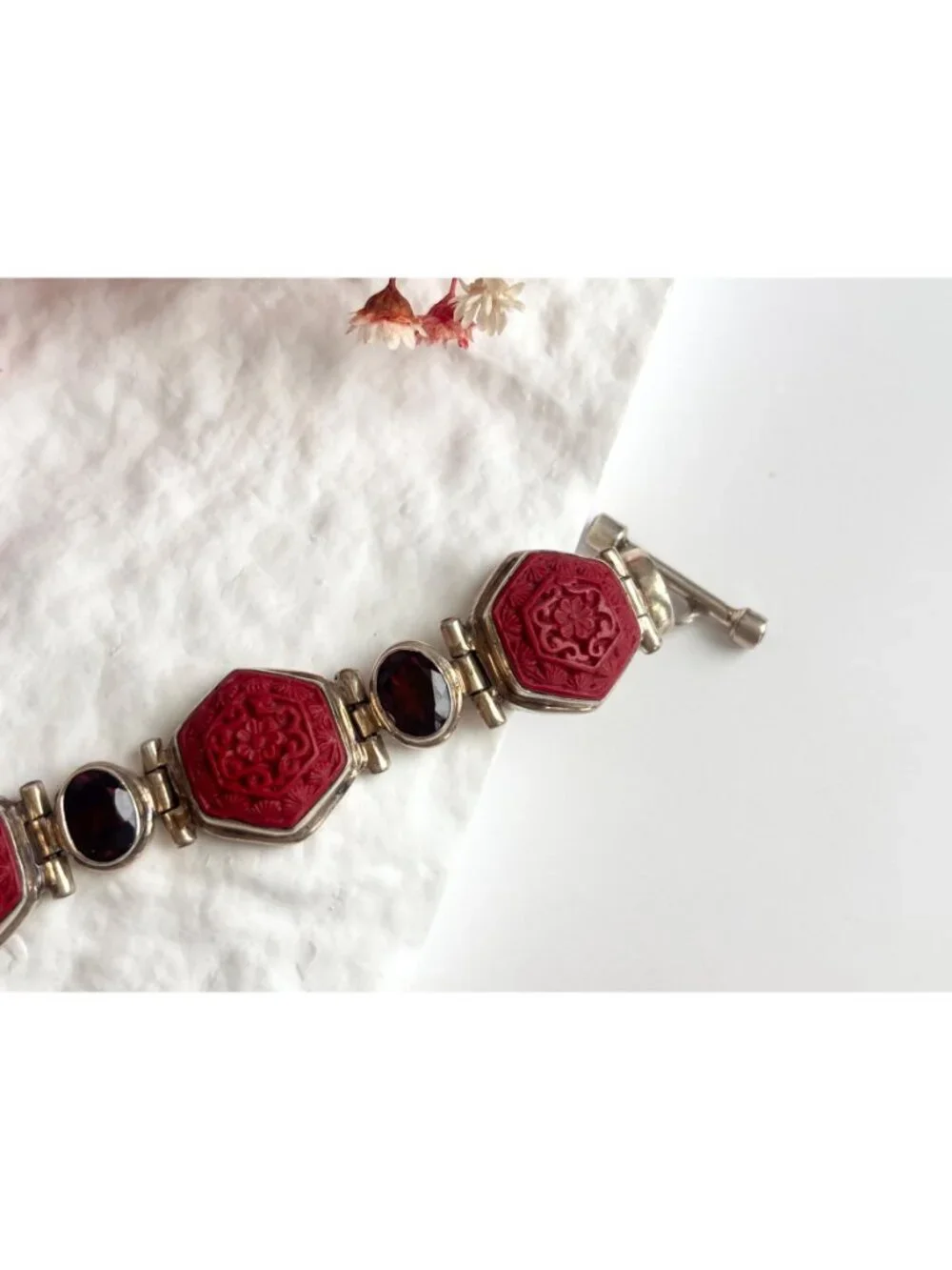 Cinnabar Hand Carved Sterling Silver Octagon Vintage Chainlink 925 Bracelet